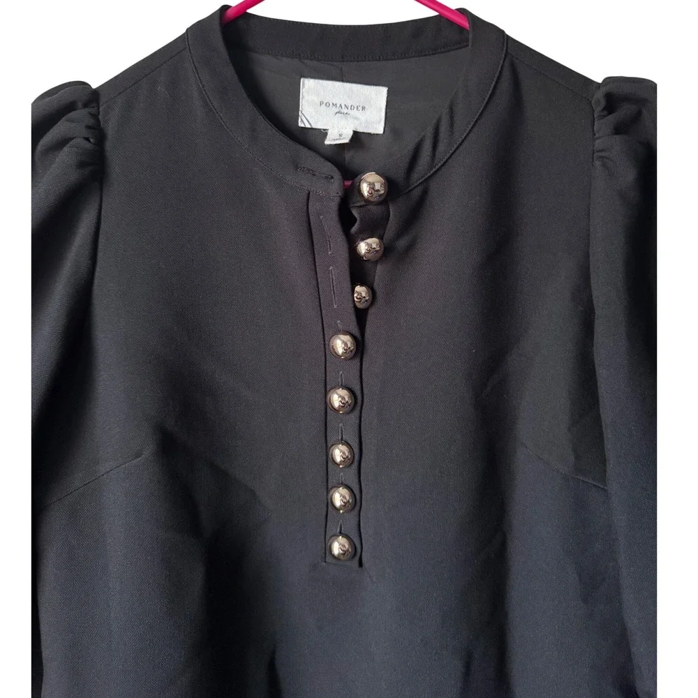 Pomander Place Samantha Mini Dress Black Puff Sleeve Gold Button Womens Small